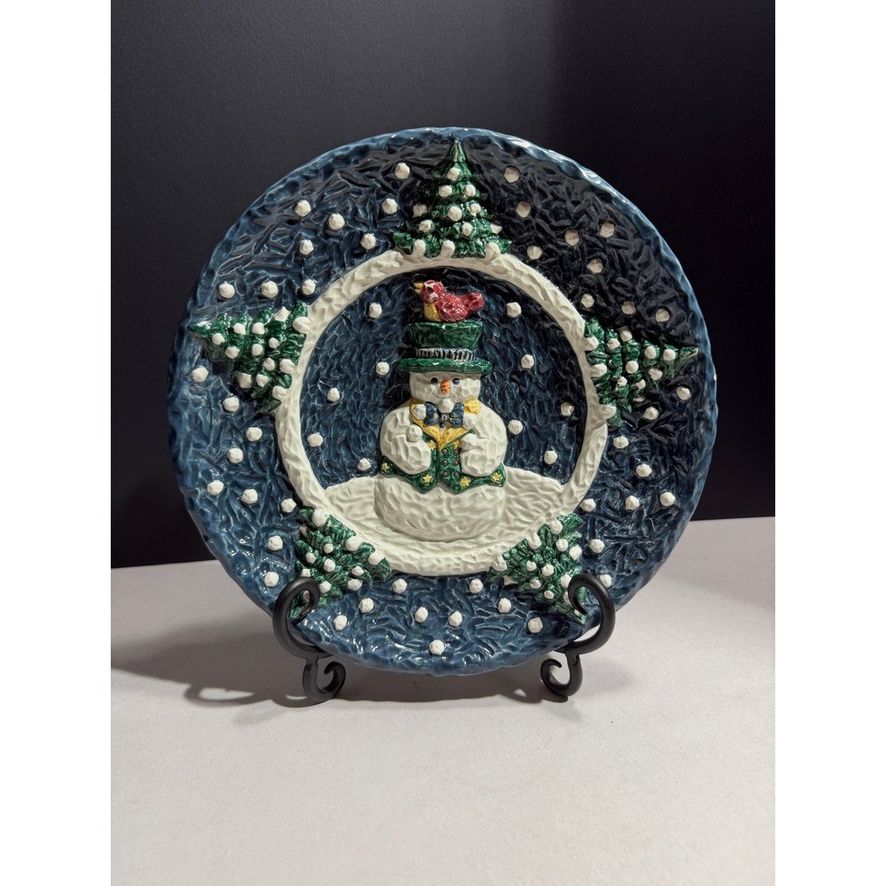 Enesco 1998 Sande Elkins Snowman 3D Textured Decorative Plate Winter Scene 10"